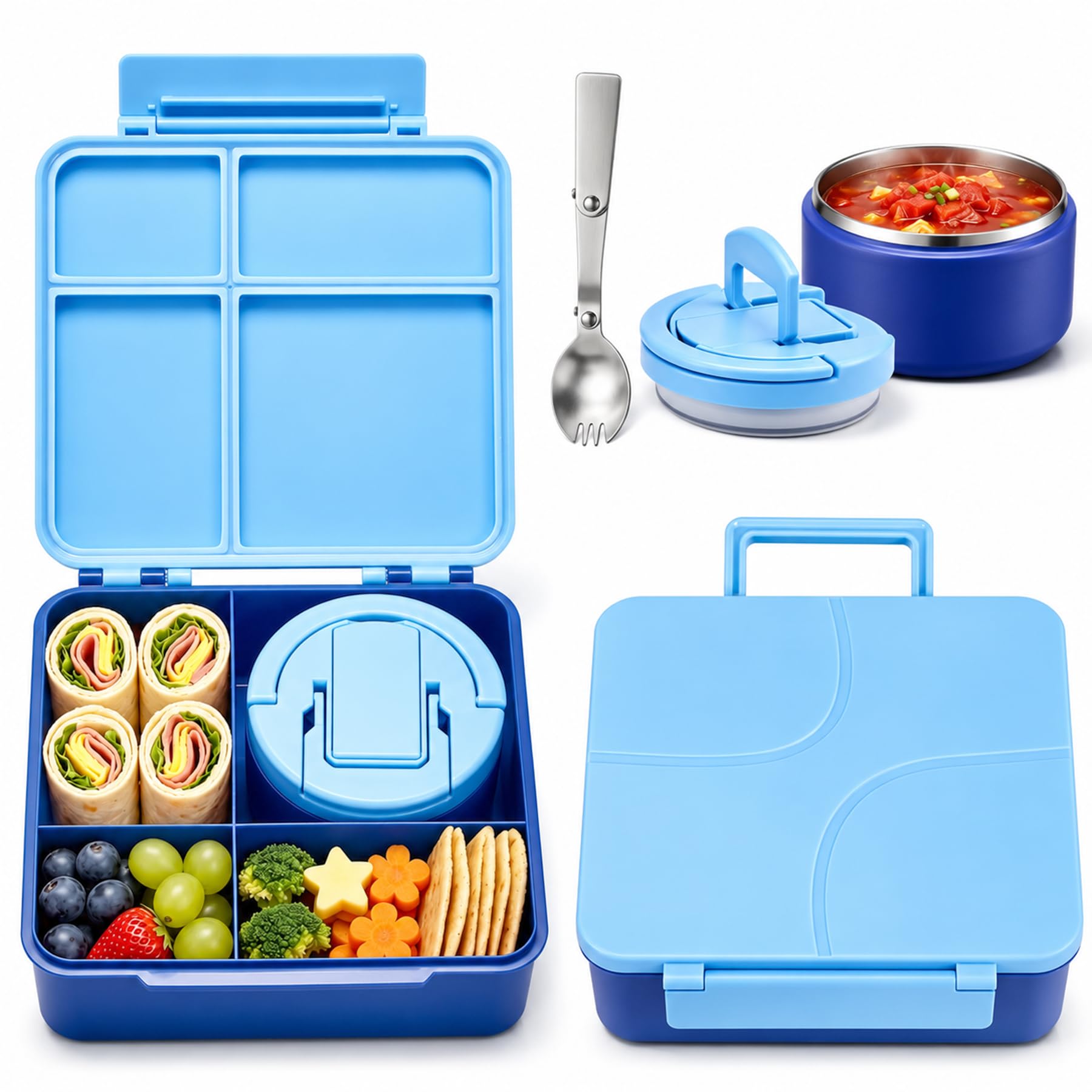 Bento Lunch Box for Kids with 8oz Soup Thermo,Kids Leakproof Lunch Food Containers with 4 Compartment,Kid Insulated Thermo Hot Food Jar for School,Trvael-Blue