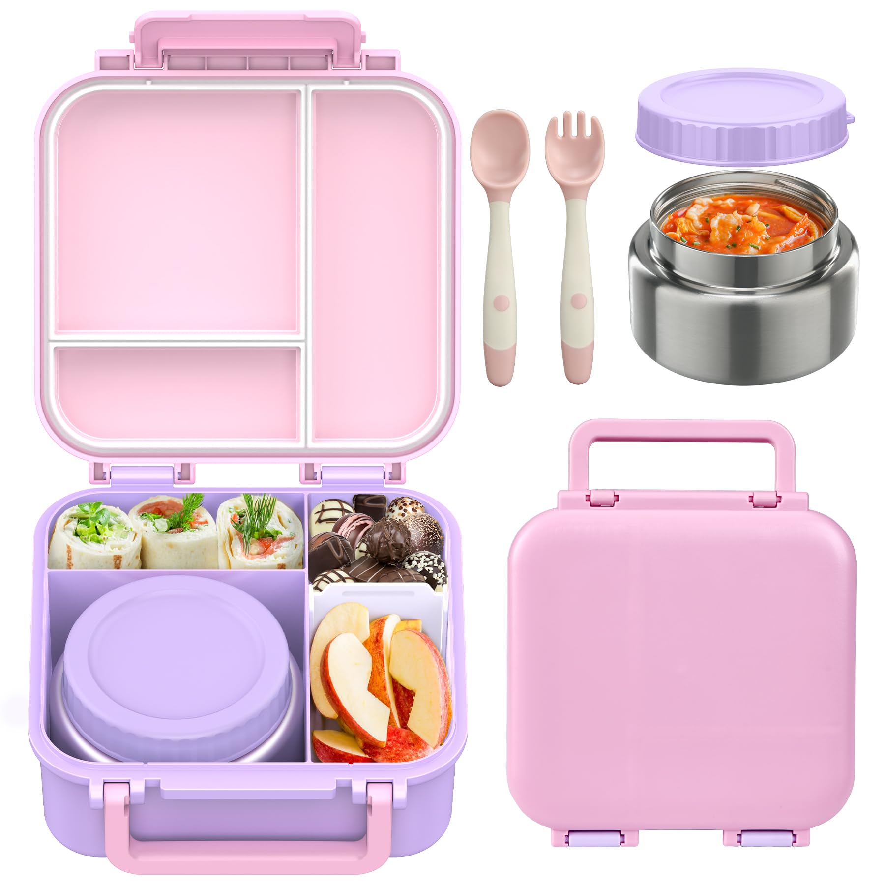 Kids Bento Lunch Box with Soup Thermo (9oz)¨C Hot & Cold Lunch Container with Leak Proof Insulated Food Jar for School Girls Boys, Ideal Size for Ages 3 to 7, Pink/Purple
