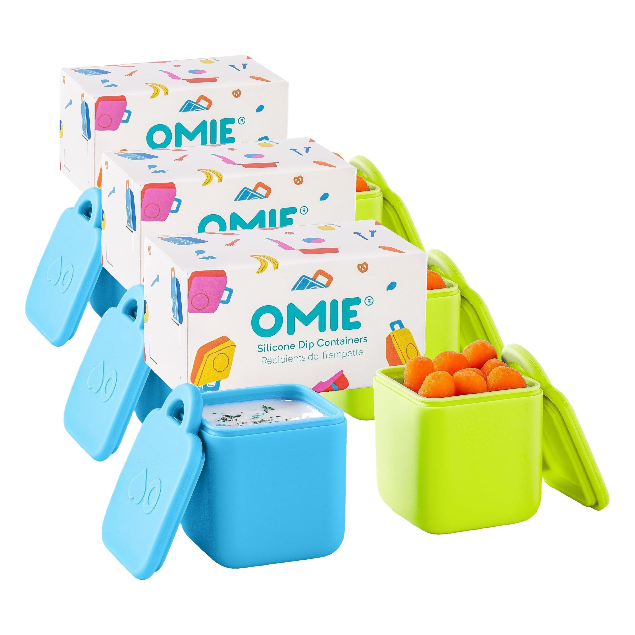 OmieBox (6 pack) Leakproof Dips Containers To Go, Salad Dressing Container, Condiment Container with Lids - Food Safe Silicone - 4 ounces (Blue/Lime)