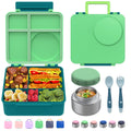 Bento Box for Kids - Leak-Proof Bento Lunch Box with Insulated Thermo Food Jar - 4 Compartments, 1 Removable Divider, 1 Spoon, 1 Fork - Dishwasher Safe, BPA-Free (Green)