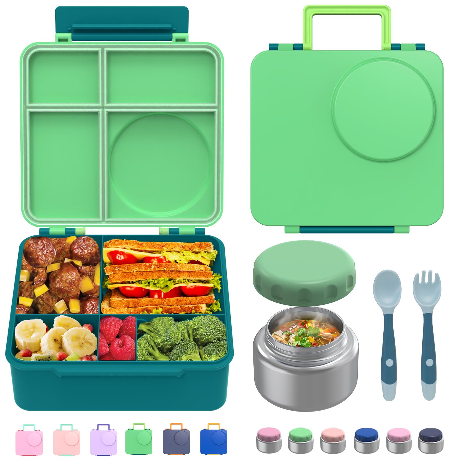 Bento Box for Kids - Leak-Proof Bento Lunch Box with Insulated Thermo Food Jar - 4 Compartments, 1 Removable Divider, 1 Spoon, 1 Fork - Dishwasher Safe, BPA-Free (Green)