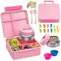 Bento Lunch Box with 9.5 oz Soup Thermo, Kids Leakproof 4 Compartments Bento Box with Silicone Cupcake,Fruit Fork,Spoon and Sauce Cup,Insulated Food Jar for School Travel-Pink