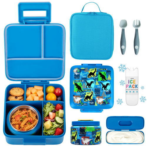 JXXM Bento Lunch Box for Kids With 8oz Soup thermo,Leak-proof Lunch Containers with 5 Compartment,thermo Food Jar and Lunch Bag, Food Containers for School (A-Blue(Dinosaur))