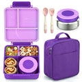Bento Lunch Box Set for Kids with 8oz Soup Thermo, Leak-Proof Lunch Containers with 4 Compartment, Kids Thermo Hot Food Jar and Insulated Lunch Bag for Kid to School-Purple