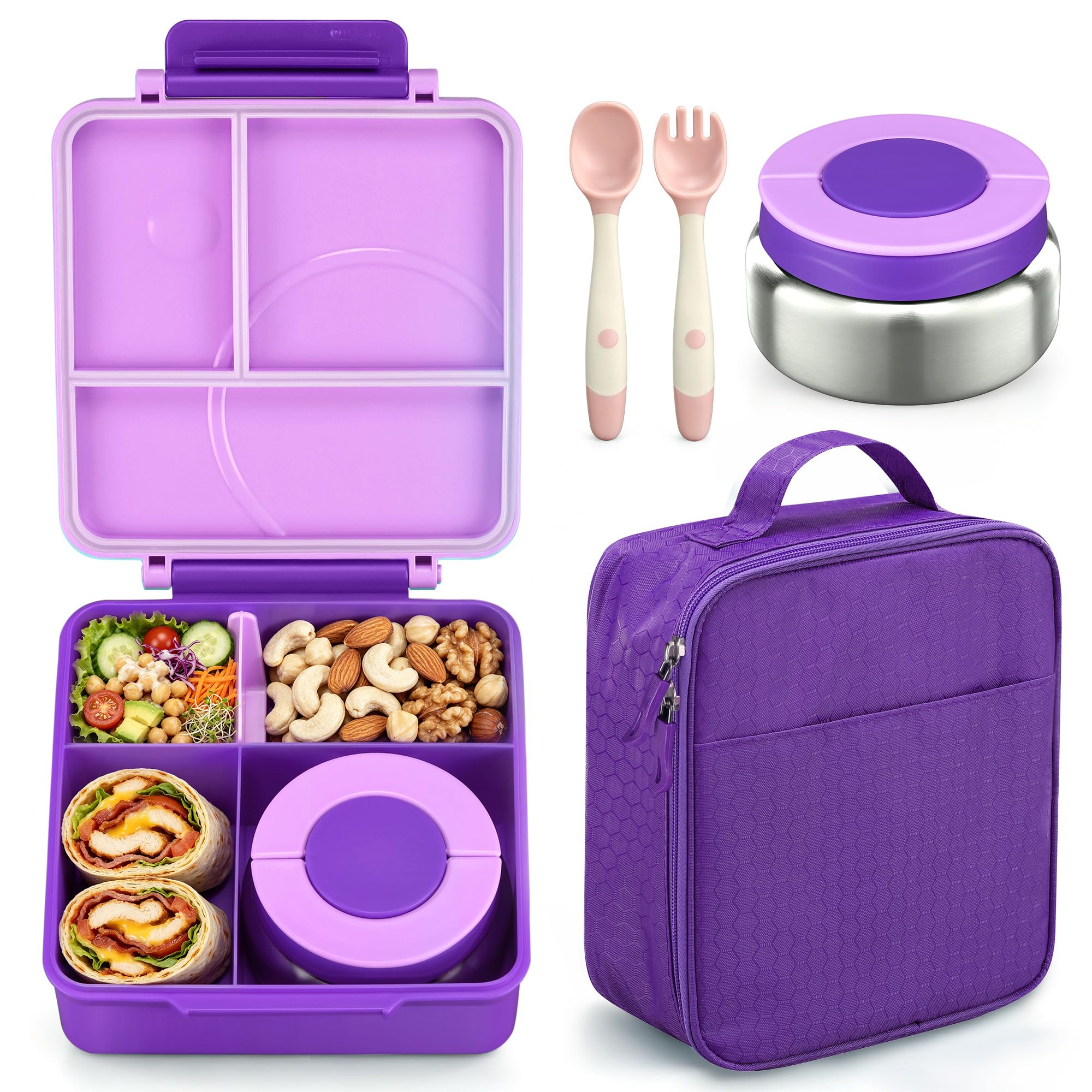 Bento Lunch Box Set for Kids with 8oz Soup Thermo, Leak-Proof Lunch Containers with 4 Compartment, Kids Thermo Hot Food Jar and Insulated Lunch Bag for Kid to School-Purple