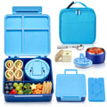 Bento Lunch Box with 8oz Soup Thermo,Kids Leakproof 4 Compartment Lunch Food Containers with Sauce Cup and Ice Pack,Kids Thermo Insulated Hot Food Jar and Lunch Bag for School,Trvael-Blue